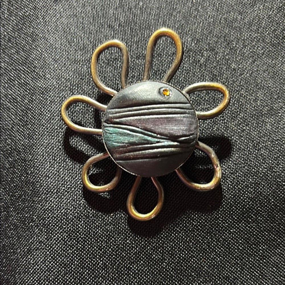 Artistic Floral Brooch with metal petals & handcrafted clay center w/ Rhinestone
